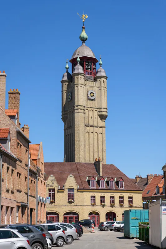 bergues, france - july 5, 2022  belfort of bergues on a beautiful day in summer, clear day, architecture