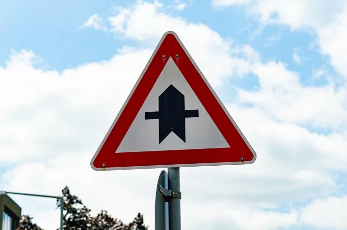 right of way traffic sign next to a street in germany the symbol tells the user that this road has priority at the next intersection or crossing