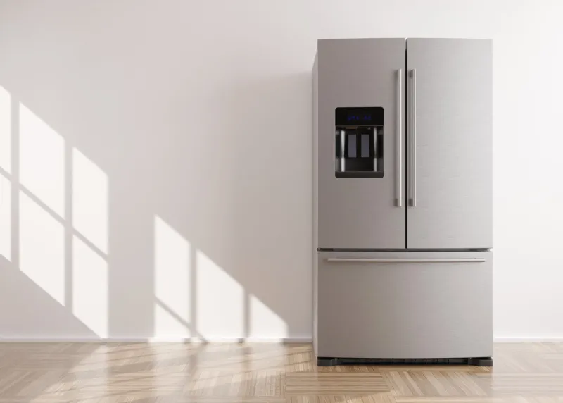 refrigerator standing in empty room free, copy space for text or other objects household electrical equipment modern kitchen appliance stainless steel fridge with double doors, freezer 3d render