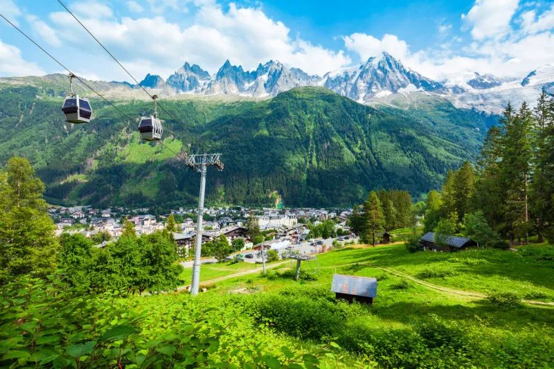 chamonix cable car aerial panoramic view chamonix mont blanc is a commune and town in south eastern france