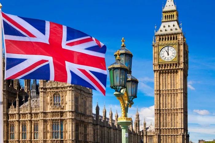 british flag, big ben, houses of parliament and british flag composition