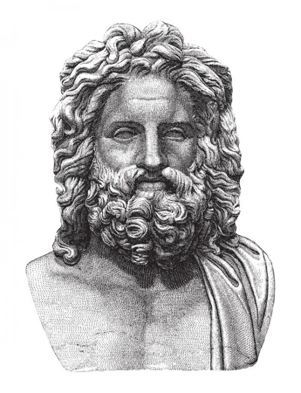 vintage engraved illustration isolated on white background - bust of zeus (ancient greek god) or jupiter (ancient roman god) king of the godsgod of the sky, lightning, thunder, law, order, justice