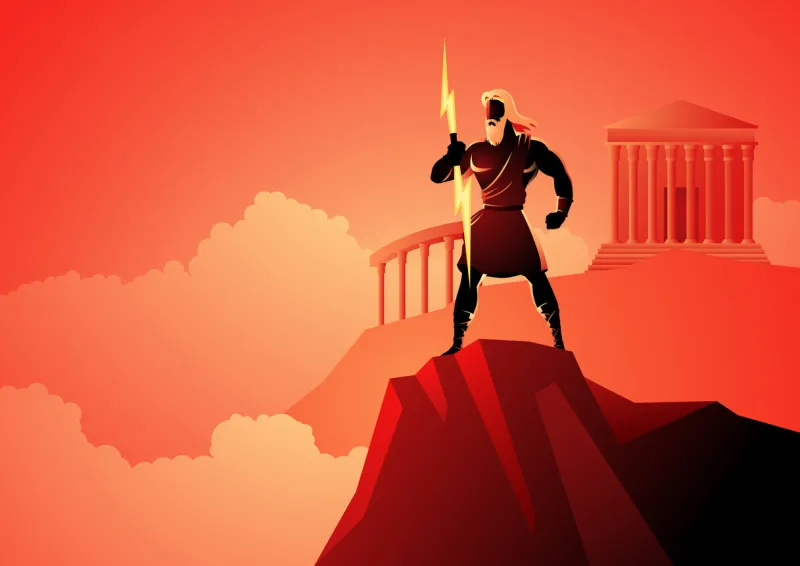greek god and goddess vector illustration series, zeus, the father of gods and men standing on mountain olympus