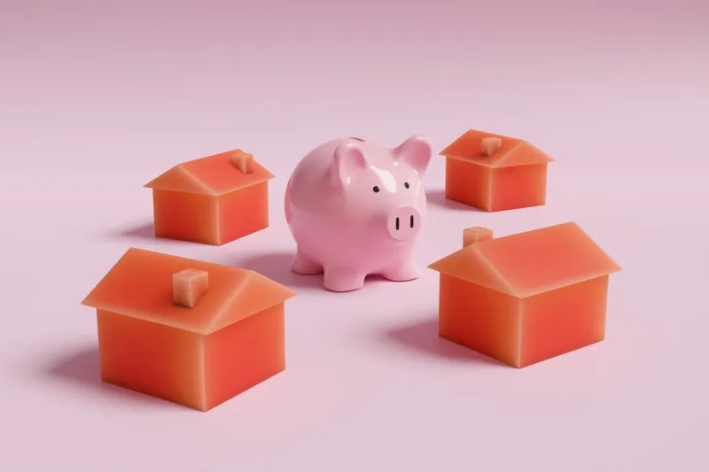 pink piggy bank surrounded by red plastic toy houses on pink background illustration of the concept of deposits and mortgages required by first-time home buyers
