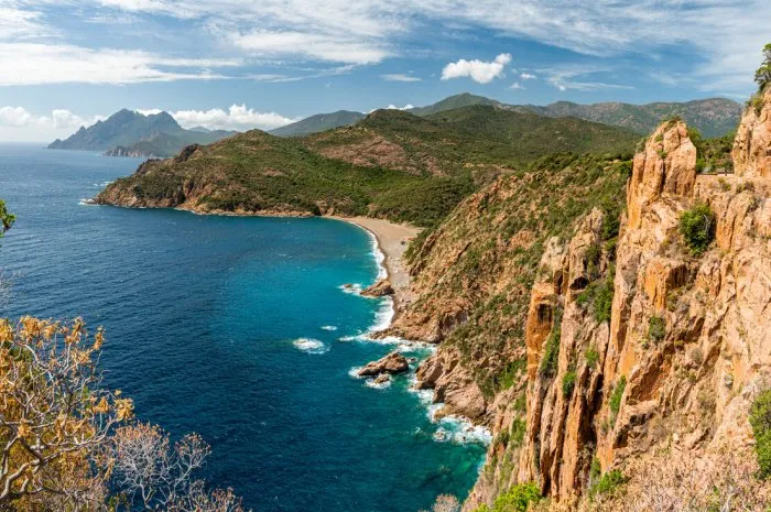 beautiful seascape with the scenographic rock formations known as calanques de piana corse, france