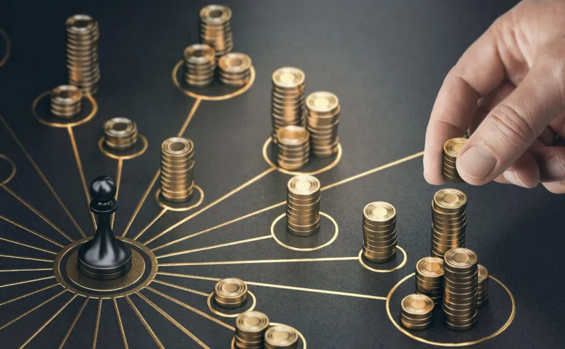 man puting golden coins on a board representing multiple streams of income concept of multiplying sources of revenue composite image between a 3d illustration and a photography