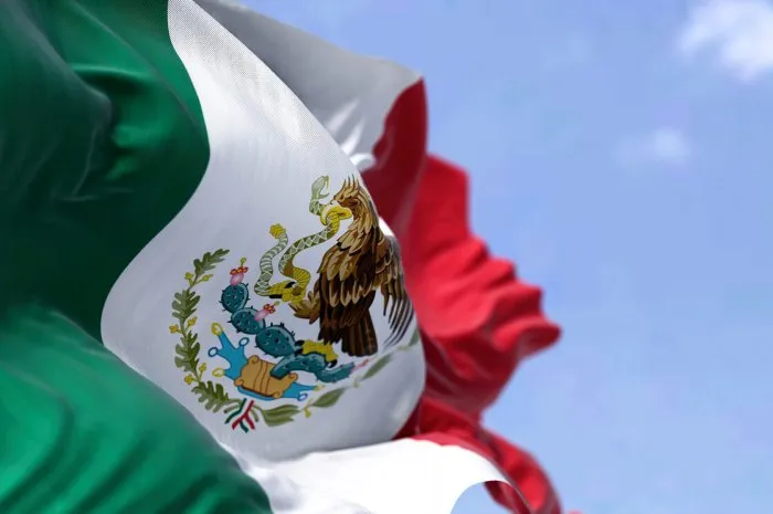 detailed close up of the national flag of mexico waving in the wind on a clear day democracy and politics latin american country selective focus