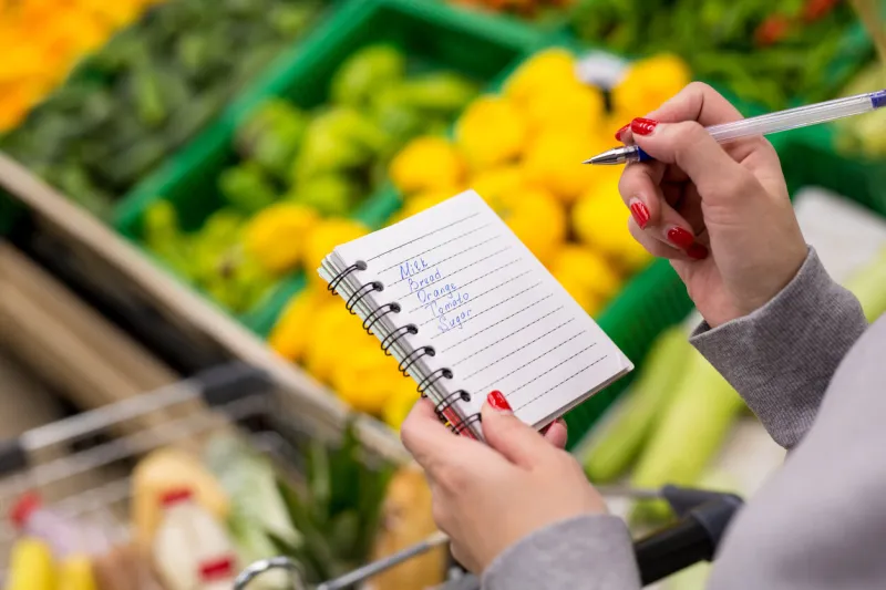 woman with notebook in grocery store, closeup shopping list on paper