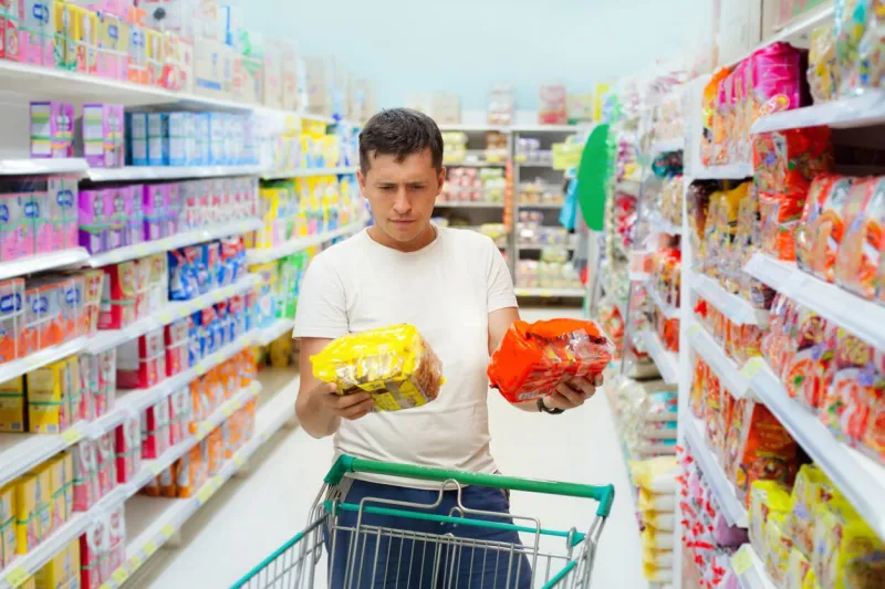 young caucasian man make choose between two similar goods shopping in supermarket or grocery