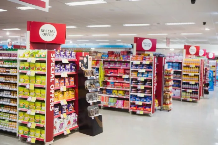 photograph of shelves with promotions in a supermarket