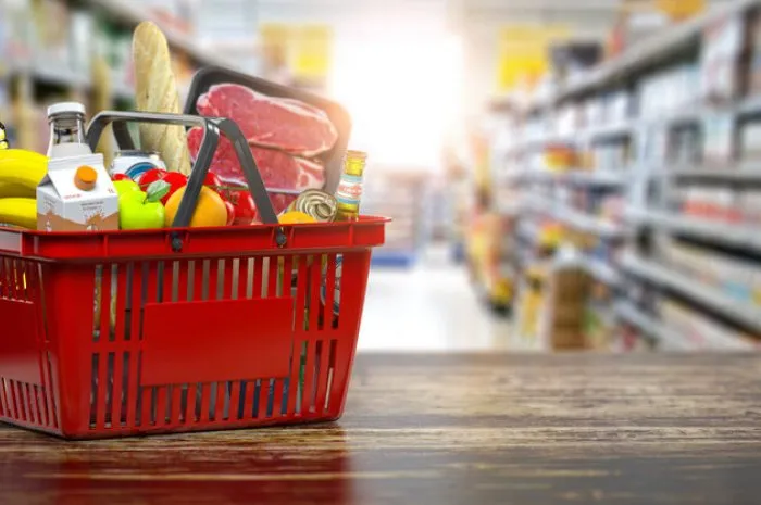 shopping basket with fresh food grocery supermarket, food and eats online buying and delivery concept 3d illustration