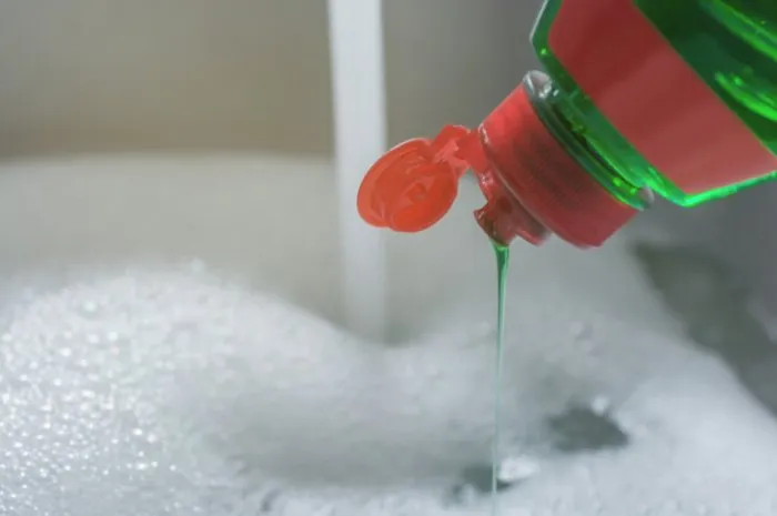 crockery is washed off in the sink with dishwashing detergent