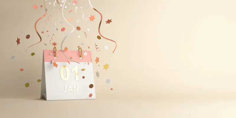 happy new year design creative concept, january 1st calendar and glittering confetti on gradient background copy space text area, 3d rendering illustration