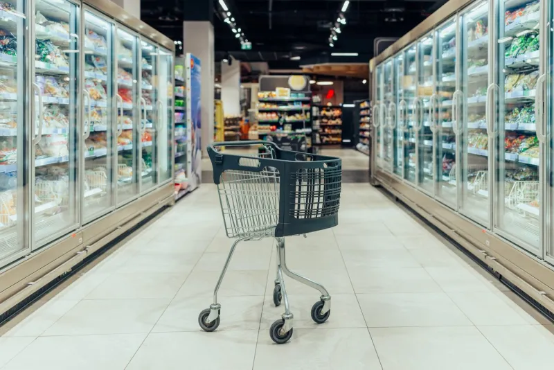empty shopping cart in the aisle of the supermarket in front of freezers