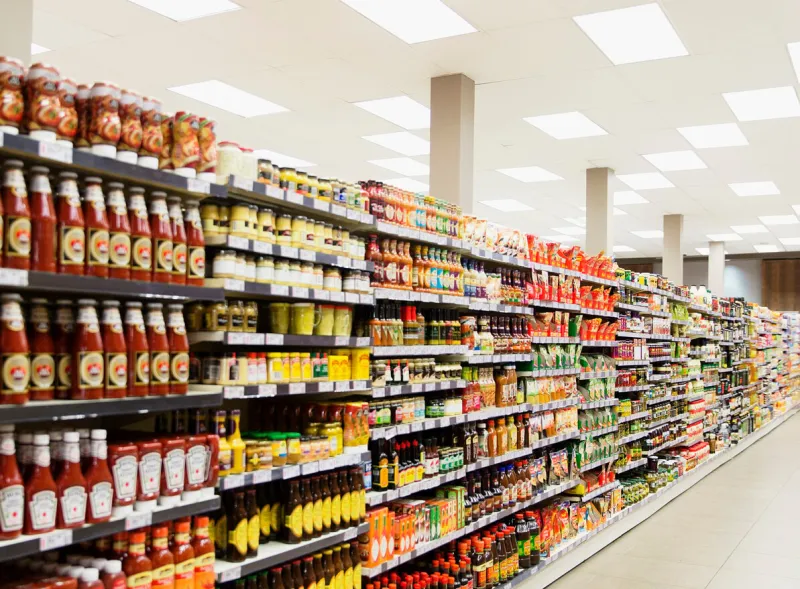 stocked shelves in grocery store aisle