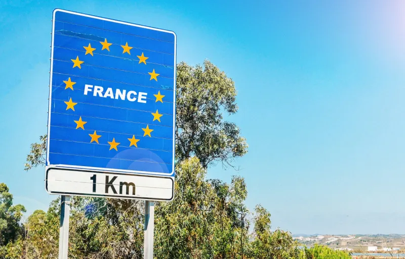 road sign on the border of france as part of an european union member state, a founding member state of the eu