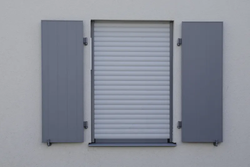 white wall with window, jalousie roll up, and blue wooden shutter are open, as a background no person