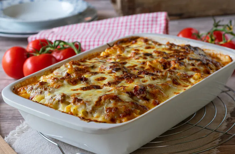 delicious homemade italian gratin dish with home cooked bolognese sauce and bechamel sauce topped with mozzarella cheese and served in a white baking dish on rustic table background closeup view