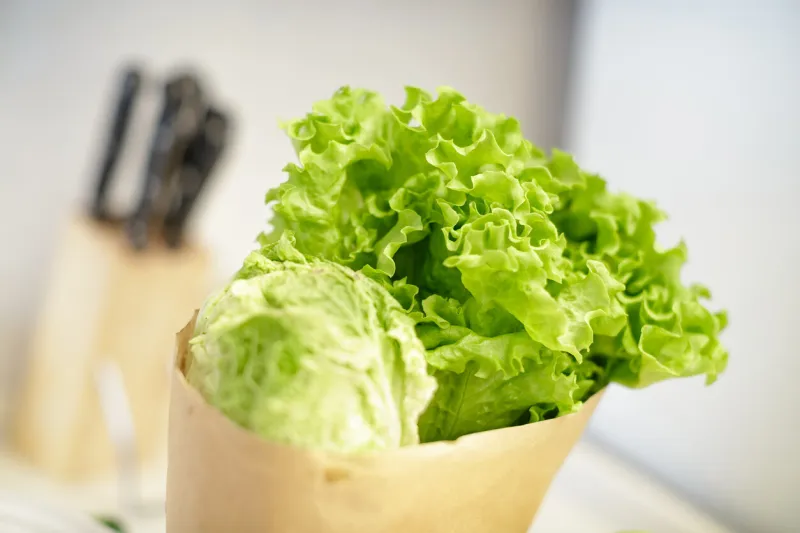 paper bag with fresh lettuce and cabbage, close-up