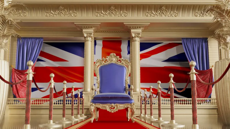 red carpet with barriers leading to the uk throne, queen throne with uk flag in the background, 3d render