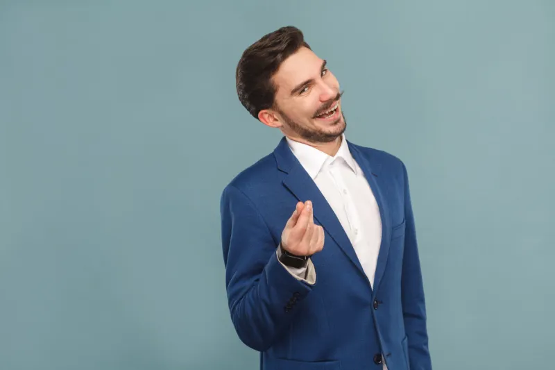 give me money foxy businessman toothy smiling business people concept, richly and success indoor, studio shot on light blue background