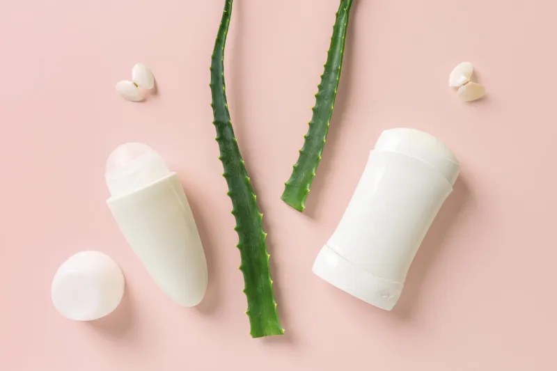 two fresh green aloe leaves between roll on deodorant and solid antiperspirant on a pastel coral background concept of organic cosmetics, natural toiletries, body care and freshness top view