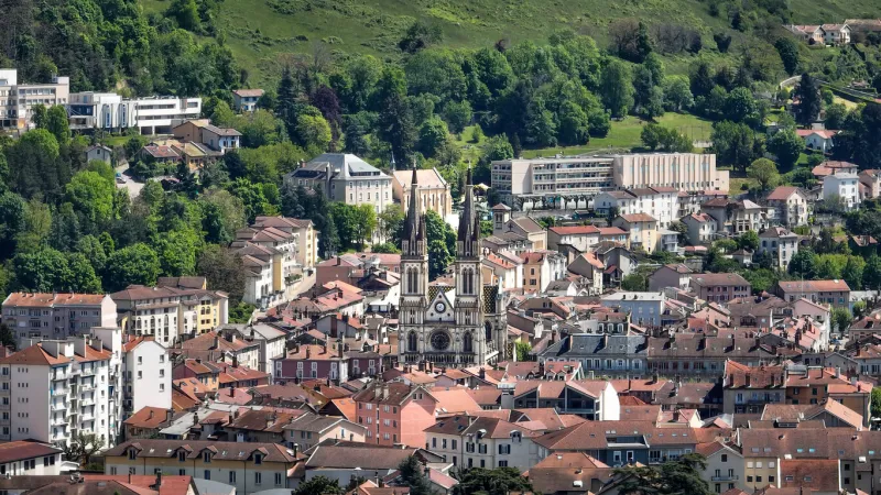 drone photography of church of voiron in isère a city located in the heart of the alps on the chartreuse massif