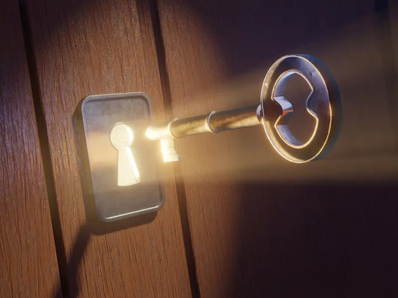 key entering a luminous keyhole digital illustration, 3d rendering