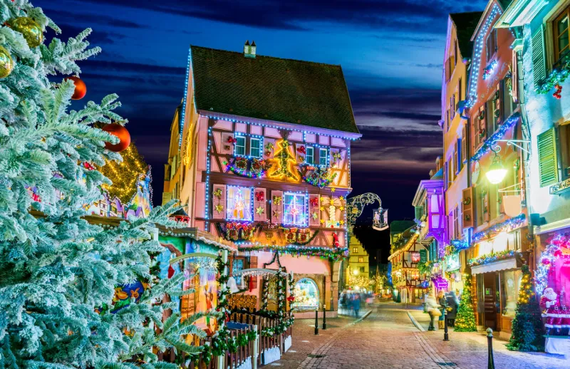 colmar, france - december 2017  gingerbread houses add christmas market of local craftsmen, famous in alsace