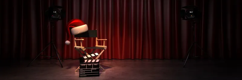 video, movie, cinema, christmas concept director's chair and movie clapper 3d rendering