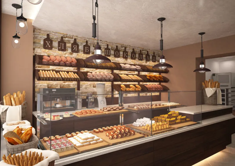 3d rendering of a bakery shop interior