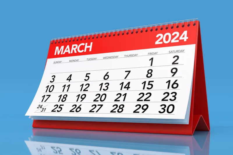 march 2024 calendar isolated on blue background 3d illustration