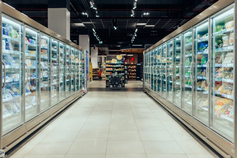 empty supermarket aisle with freezers showcases with different products