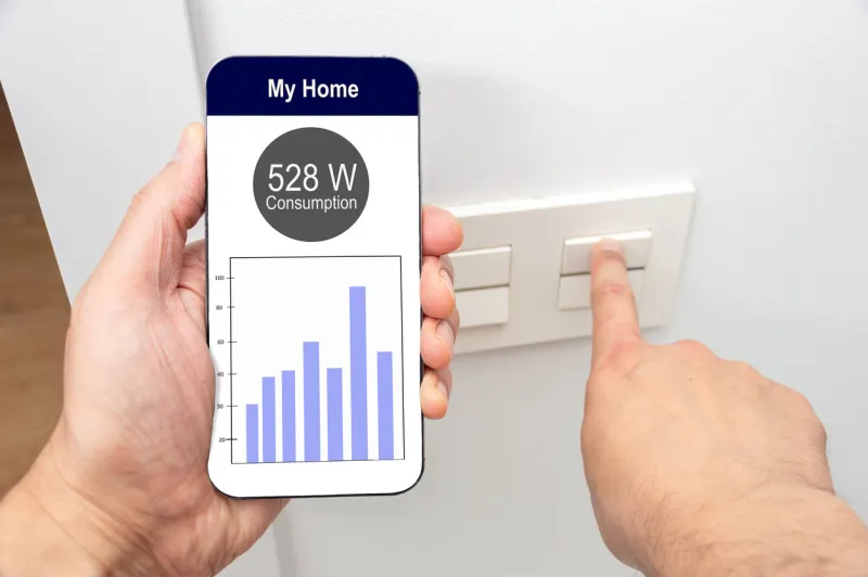 close-up of man hand turning on the light with phone and the display of a smart electric meter with consumption information and cost per hour