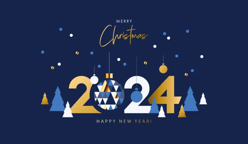 merry christmas and happy new year banner, greeting card, poster, holiday cover modern xmas design in geometric style with triangle pattern, christmas tree, ball, snow and 2024 number on night blue