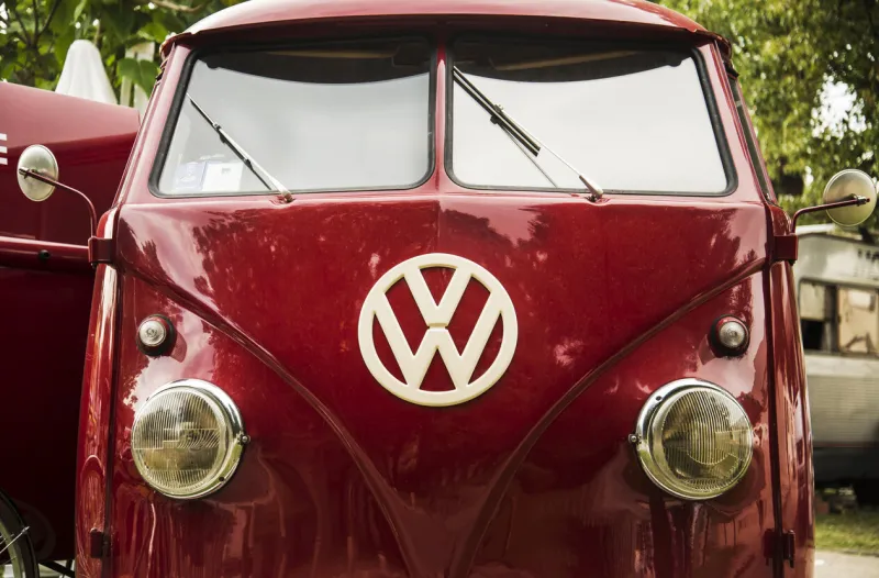 naples, italy - june 6, 2015  the red vintage wolksvagen van showed in a park, in naples, italy