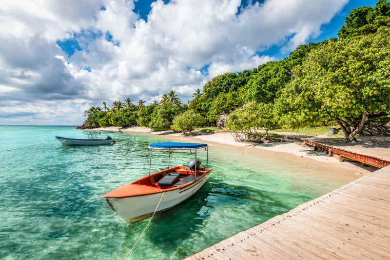 vibrant image with two boats moored at the wooden pier of the small islet of cayo levantado samana bay, dominican republic green trees, coconut palm trees and white sandy beach along the coastline turquoise colored water