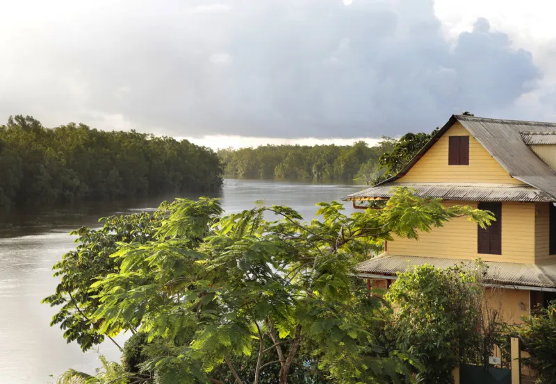 view on oyak river, roura village, french guiana france