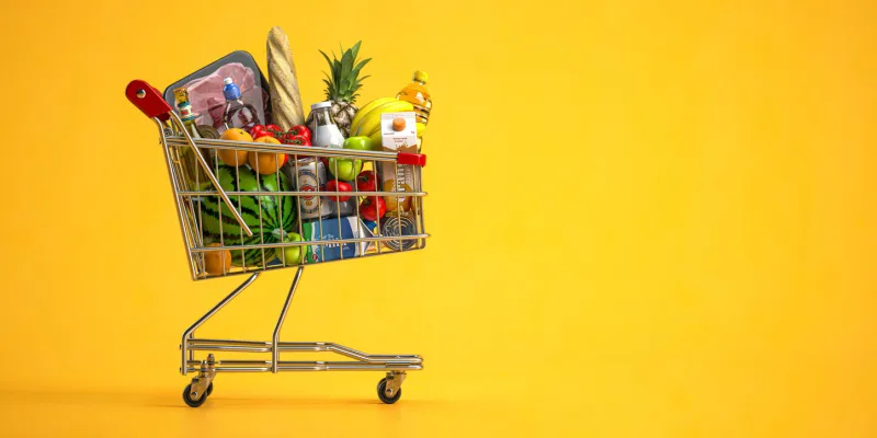 shopping cart full of food on yellow background grocery and food store concept 3d illustration