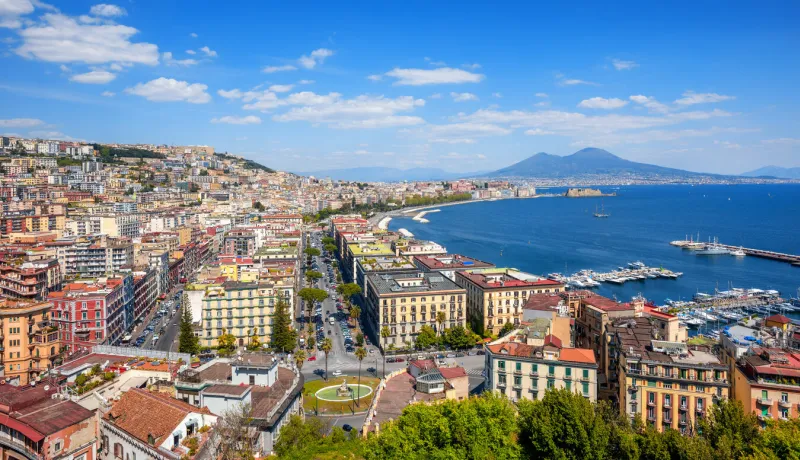 panoramic view of naples city, mount vesuvius and gulf of napoli, mediterranean sea, italy