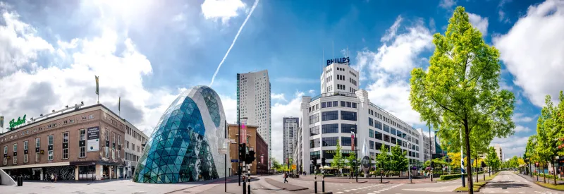eindhoven, netherlands- may 24, 2015  panoramic view of the old philips factory building and modern futuristic architecture in the city centre of eindhoven western europe
