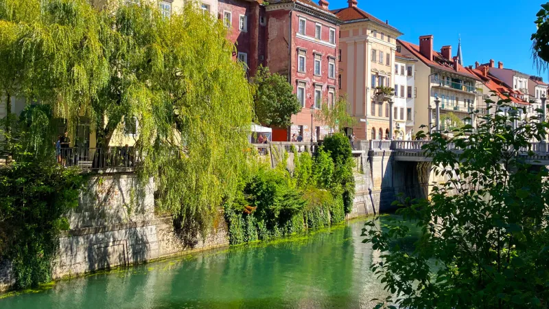 ljubljanica river view from the riverside and houses