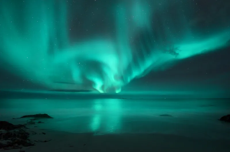 aurora borealis over the sea northern lights in lofoten islands, norway starry sky with polar lights night landscape with aurora, sea with blurred water and sky reflection, sandy beach aurora