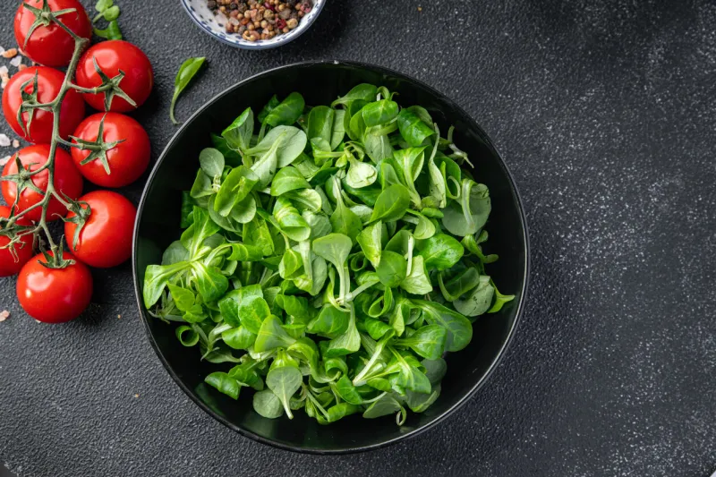 fresh green salad mache leaves healthy meal food snack on the table copy space food background rustic top view