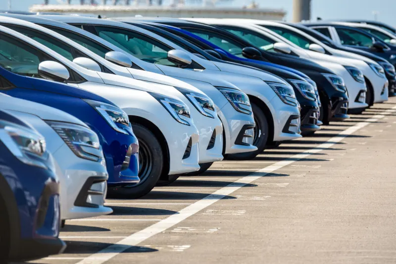 le havre, france - june 16, 2021  brand new renault cars are lined up in the parking lot of the roll-on roll-off (ro-ro) terminal of le havre port