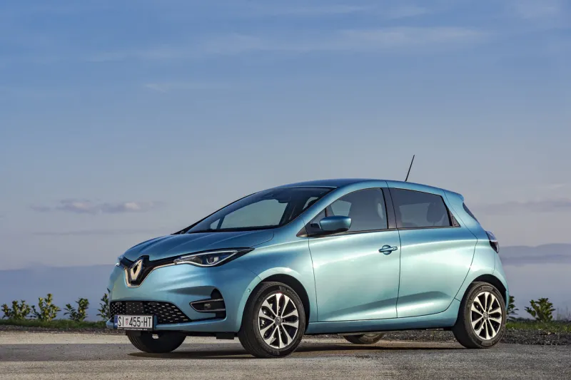 sisak, croatia - december 8, 2019  new renault zoe stopped on a road the second generation of popular french full electric car has more powerful, 50kwh battery and therefore more range