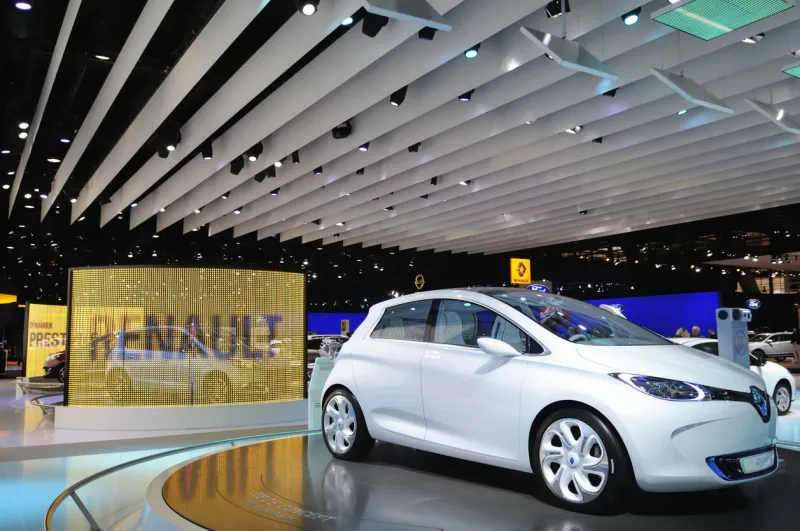 brussels, belgium - january 10, 2012  reanult zoe preview electric concept on display during the 2012 brussels motor show people in the background are looking at the cars