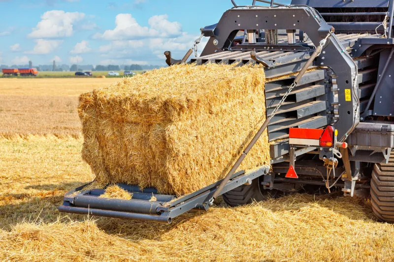 a fragment of an agricultural tractor forming bales of straw against the background of a field