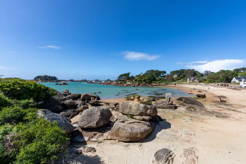 saint-guirec beach in ploumanach, cotes d'armor, brittany, france