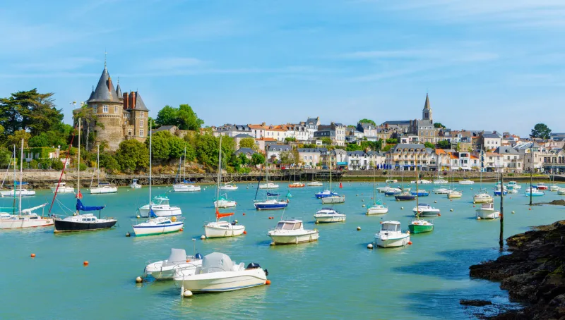 panorama view of pornic city, harbor and castle, brittany in france- loire-atlantic, pays de la loire region